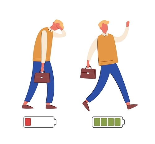 Energetic and exhausted workers vector illustrations set. Happy and unhappy male employee and battery charge indicator. Active and tired boys flat characters. Cartoon clerks and life energy indication
