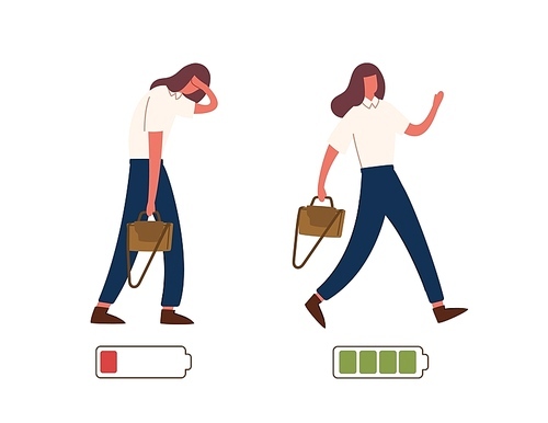 Set of happy and unhappy female office workers and vital power or battery charge indicator. Energetic and tired or exhausted girls and life energy indicaion. Flat cartoon colorful vector illustration