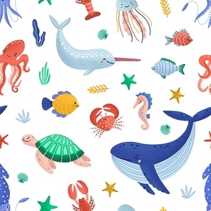 Seamless pattern with funny marine animals or underwater creatures living in ocean. Seabed fauna on white background. Flat cartoon vector illustration for fabric , wrapping paper, wallpaper