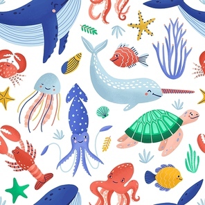 Seamless pattern with cute happy marine animals living in ocean. Backdrop with underwater fauna or sea world creatures on white background. Flat cartoon childish vector illustration for textile