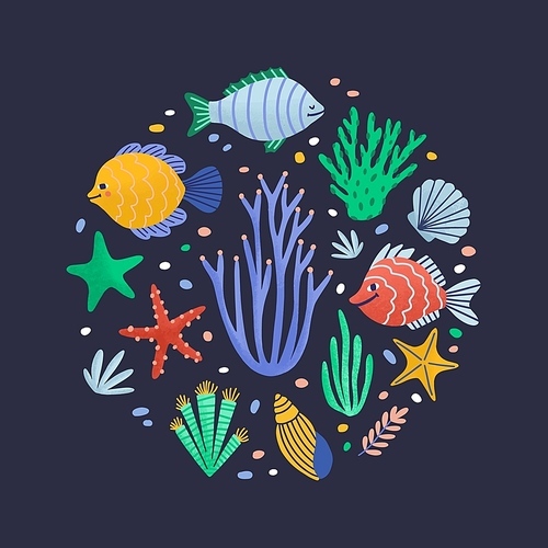 Round composition with happy marine animals or funny underwater creatures living in sea. Circular decorative design element with ocean fauna. Flat cartoon vector illustration for wrapping paper