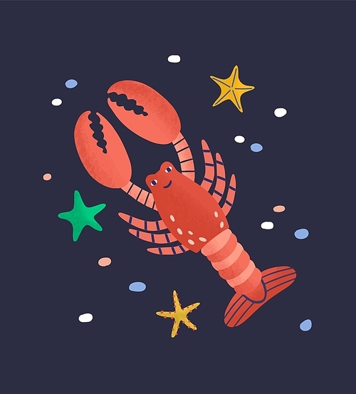 Smiling lobster isolated on dark background. Amusing happy marine animal, crustacean, cute funny underwater creature living in sea. Fauna of tropical ocean. Flat cartoon colorful vector illustration