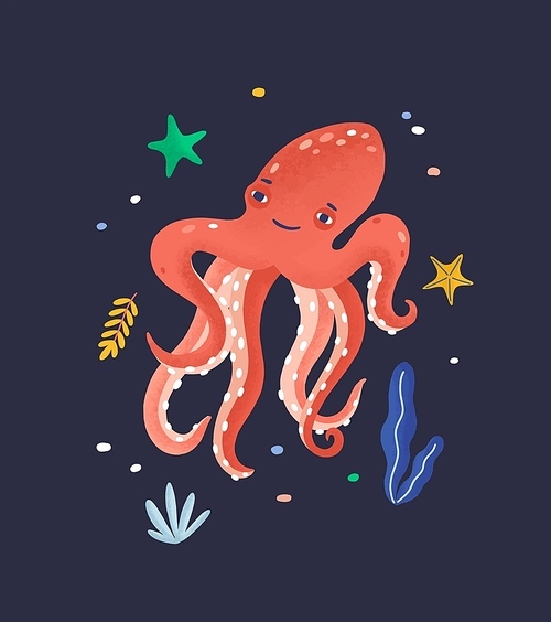 Happy octopus isolated on dark background. Lovely marine animal, cute funny mollusc, seabed dweller, underwater creature. Exotic fauna of tropical sea or ocean. Flat cartoon vector illustration