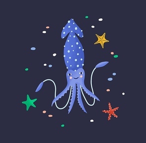 Joyful squid isolated on dark background. Happy marine animal, funny mollusc with tentacles, seabed dweller, underwater creature. Fauna of tropical sea or ocean. Flat cartoon vector illustration
