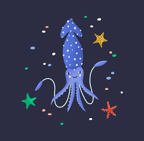 Joyful squid isolated on dark background. Happy marine animal, funny mollusc with tentacles, seabed dweller, underwater creature. Fauna of tropical sea or ocean. Flat cartoon vector illustration