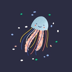 Charming smiling jellyfish isolated on dark background. Pretty ocean animal, cute sea world dweller, happy underwater creature. Wild exotic marine fauna. Flat cartoon childish vector illustration