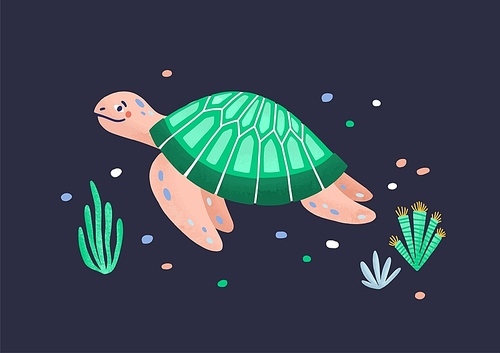 Funny amusing sea turtle isolated on dark background. Joyful marine reptile, adorable underwater animal, sea world creature. Exotic fauna of tropical ocean. Flat cartoon colorful vector illustration