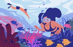 Young man and woman in diving masks swimming in sea or ocean and observing coral reef. Pair of snorkelers watching marine fauna. Underwater recreational activity. Flat cartoon vector illustration