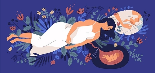 Sad young pregnant woman lying on blooming flowers, thinking of her unborn baby and making choice. Concept of abortion, unhappy pregnancy, maternal health. Flat cartoon colorful vector illustration
