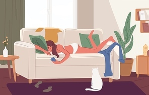 Apathetic young woman lying on sofa in messy room or apartment and surfing internet on smartphone. Lazy girl resting on couch at home. Apathy and indifference. Flat cartoon vector illustration