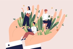 Giant hands holding tiny office workers. Concept of employee care, wellbeing at work or workplace, perks and benefits for personnel, support of professional growth. Flat cartoon vector illustration