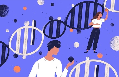 Researchers holding DNA molecules flat vector illustration. Man and women study genetic engineering cartoon characters. Genome mutation. Scientists investigate chromosome structure. Gene manipulation