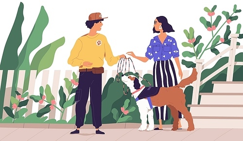 Professional dog walker getting domestic animal from owner. Cute woman giving leash to on-demand pet walking service worker. Young man taking pup for walk. Flat cartoon colorful vector illustration