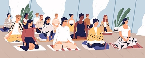 Group of young men and women sitting on floor, meditating and performing breath control exercise. Yoga retreat, spiritual practice, Vipassana buddhist meditation. Flat cartoon vector illustration