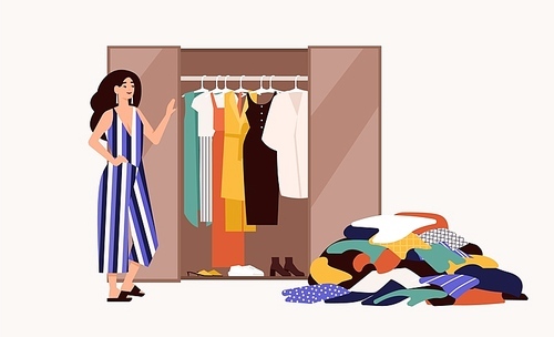 Cute girl standing in front of opened wardrobe with apparel hanging inside and pile of clothes on floor. Concept of closet declutter and organization. Flat cartoon colorful vector illustration