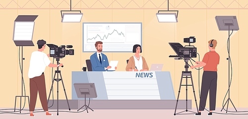 Smiling male and female news presenters or newscasts and cameramen or videographers with cameras at modern TV studio. Live television, real time broadcast. Flat caroon colorful vector illustration
