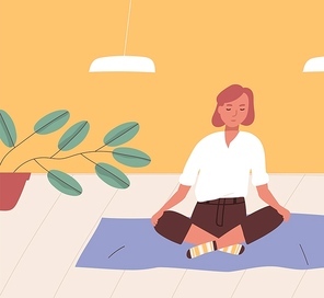 Girl sitting cross-legged on floor and meditating. Young woman practicing yoga, buddhist meditation, Pranayama breath control exercise, spiritual discipline at home. Flat cartoon vector illustration