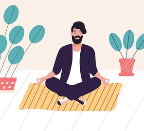 Bearded man sitting with his legs crossed on floor and meditating. Young man in yoga posture doing meditation, mindfulness practice, spiritual discipline at home. Flat cartoon vector illustration