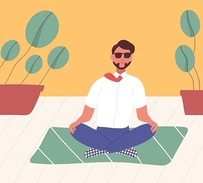 Clerk sitting with his legs crossed on floor and meditating. Manager in yoga position doing meditation, spiritual practice or discipline. Relaxation at office. Flat cartoon vector illustration