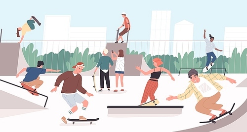 Happy teenage boys and girls or skateboarders riding skateboards at skatepark. Young men and women skateboarding and performing tricks on funboxes at skate park. Flat cartoon vector illustration