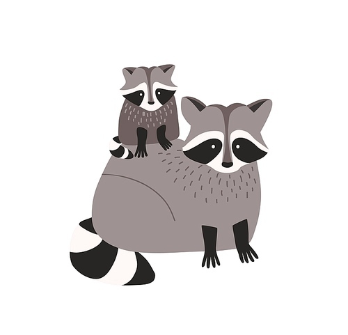 Cute amusing raccoon with cub isolated on white . Family of funny adorable wild forest carnivorous animals. Parent with baby, mother and child. Flat cartoon colorful vector illustration