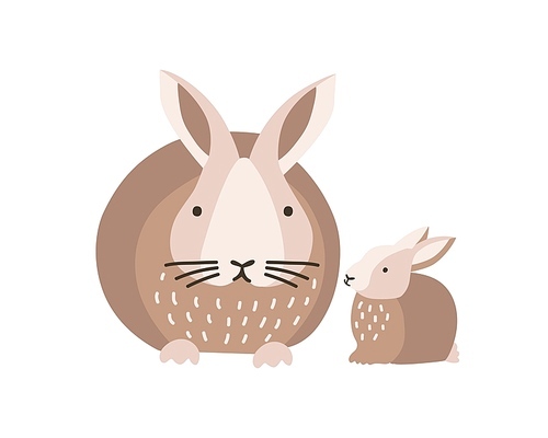 Bunny or rabbit with baby isolated on white . Lovely family of cute funny wild forest animals or pets. Parent with youngling, mother and child. Flat cartoon colorful vector illustration