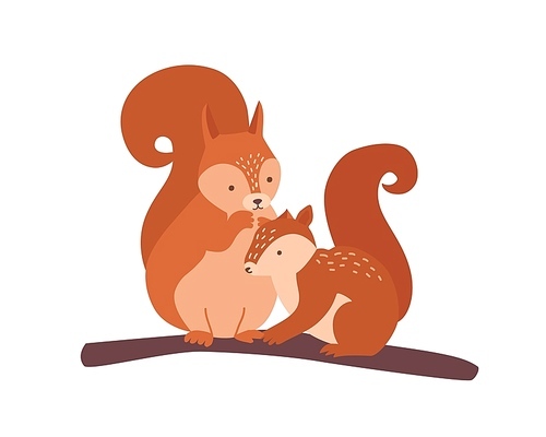 Squirrel with baby isolated on white . Lovely family of cute funny wild forest arboreal animals. Parent with youngling, mother and offspring. Flat cartoon colorful vector illustration