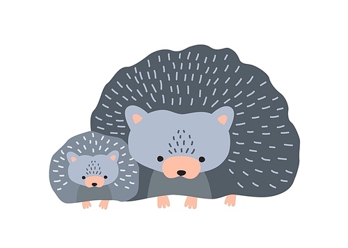 Hedgehog with baby isolated on white . Cute family of funny wild nocturnal forest animals. Parent with youngling, mother and child or offspring. Flat cartoon colorful vector illustration