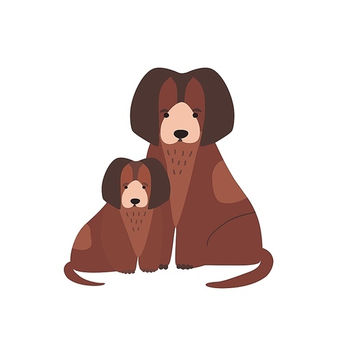 Dog with pup or whelp isolated on white . Family of funny domestic carnivorous animals or pets. Cute parent with child, mother and baby or puppy. Flat cartoon childish vector illustration