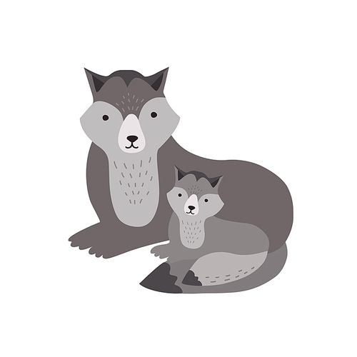 Wolf with pup isolated on white . Adorable family of cute funny wild forest carnivorous animals. Parent with child, mother and baby or puppy. Flat cartoon childish vector illustration