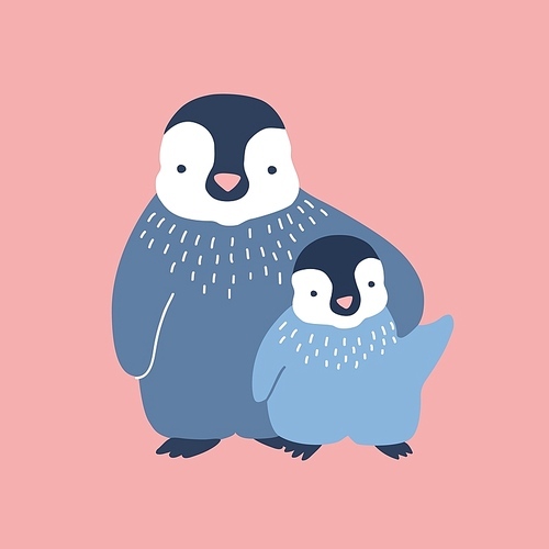 Penguin cuddling its baby or chick isolated on white . Family of wild Antarctic birds. Parent with youngling, mother and child. Fauna of Antarctica. Flat cartoon vector illustration