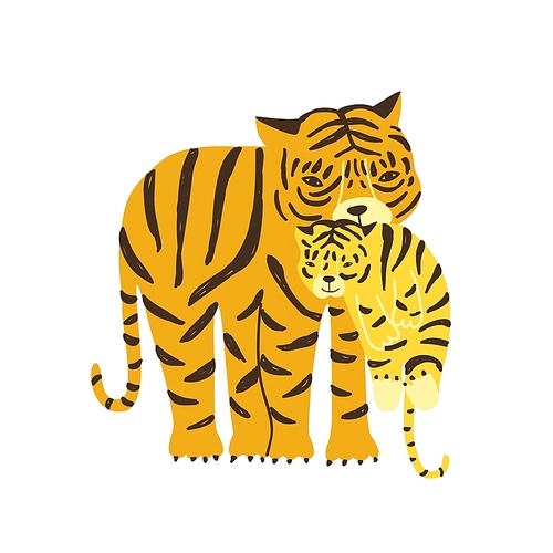 Tiger carrying its cub isolated on white . Adorable family of cute funny wild exotic carnivorous animals. Parent with child, mother and baby. Flat cartoon childish vector illustration