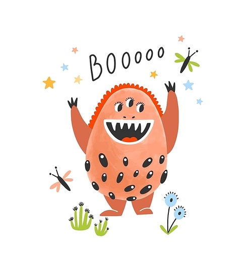 Joyful wild monster, alien or extraterrestrial with fangs. Happy fairytale magical creature or mascot. Fantastic cartoon character isolated on white . Flat childish vector illustration