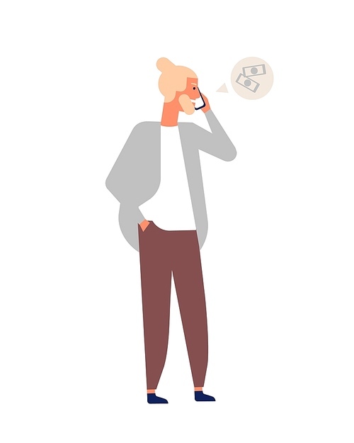 Young blond bearded man talking using smartphone. Hipster guy having phone conversation or dialog. Male character with electronic device or mobile gadget. Flat cartoon colorful vector illustration