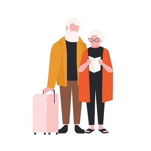 Elderly couple with suitcase isolated on white . Pair of old man and woman travelling with luggage. Grandmother and grandfather in trip or journey. Flat cartoon colorful vector illustration