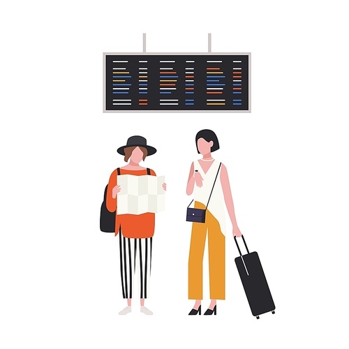 Pair of girls with map and suitcase waiting at airport terminal. Young female tourists with luggage. Travellers with baggage are going on summer vacation or trip. Flat cartoon vector illustration