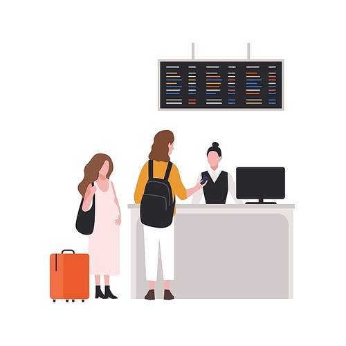 Cute couple at check-in desk or passport control. Pair of tourists with luggage at airport terminal. Family with baggage is going on summer vacation or journey. Flat cartoon vector illustration