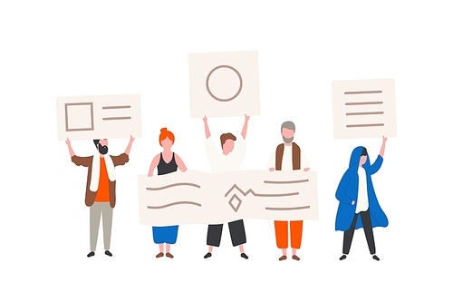 Group of political activists or demonstrators holding banners or placards. Men and women taking part in public protest, mass meeting, street demonstration, rally. Flat cartoon vector illustration