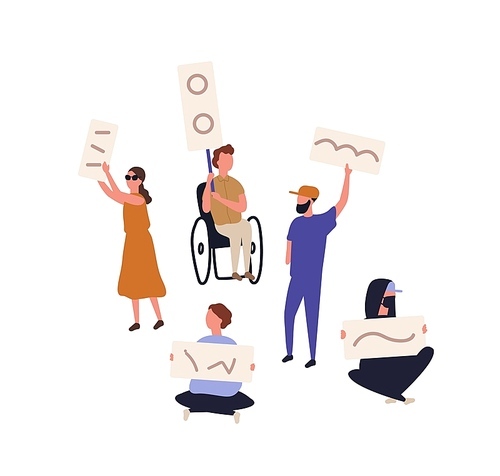 Bundle of protesters holding banners and placards. Set of people taking part in picketing, mass meeting, rally, political protest movement. Protesting men and women. Flat cartoon vector illustration