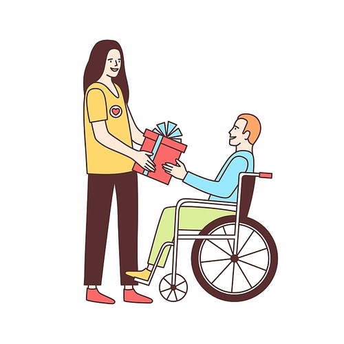 Cute female volunteer giving gift to disabled person in wheelchair isolated on white . Voluntary social aid, volunteering, altruistic activity. Colorful vector illustration in linear style