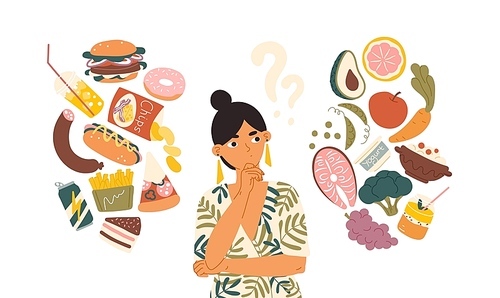 Woman choosing between healthy and unhealthy food concept flat vector illustration. Fastfood vs balanced menu comparison isolated clipart. Female cartoon character dieting and healthy eating