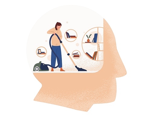 Cute woman with vacuum cleaner cleaning room inside giant head. Concept of cleansing and purification of inner space, thought cleansing, self care, mental health. Flat cartoon vector illustration