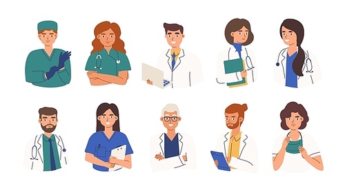 Bundle of friendly doctors wearing white coats and scurbs. Set of portraits of male and female medical workers, medics and paramedics - surgeons, physicians, nurses. Flat cartoon vector illustration