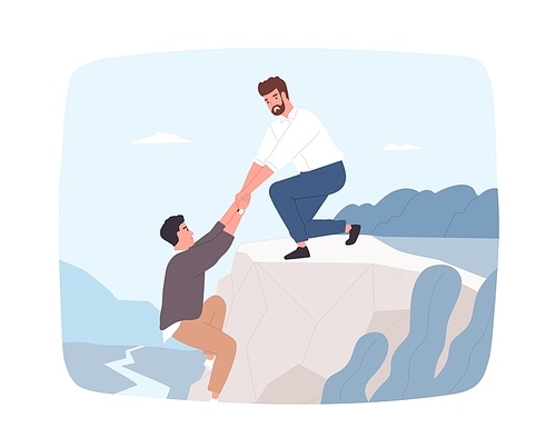 Young bearded man trying to help his friend hanging on cliff edge and pull him out. Rescue in mountains. Concept of true friendship, aid, care and support. Flat cartoon colorful vector illustration