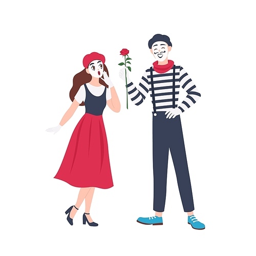 Male and female mimes isolated on white . Cute funny boy giving rose flower to girl. Pair of performance artists, comedians or performers. Flat cartoon colorful vector illustration