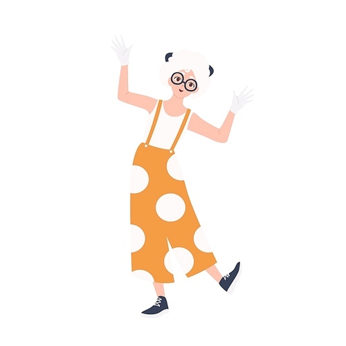 Cute happy girl in overalls entertaining public. Female mime, entertainer or animator isolated on white . Performance artist, comedian or performer. Flat cartoon vector illustration