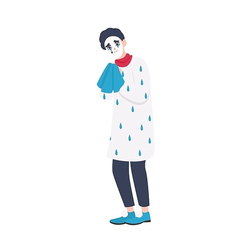 Unhappy mime in beret holding handkerchief and crying. Sad miserable comedian or entertainer isolated on white . Performance artist weeping. Flat cartoon colorful vector illustration