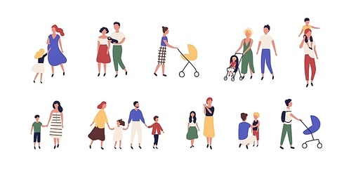 Bundle of walking families. Collection of mothers, fathers and children spending time together. Set of strolling parents and kids isolated on white . Flat cartoon vector illustration