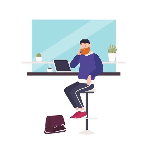 Cute smiling bearded man sitting at cafe, working on laptop computer and talking on mobile phone. Happy freelance worker at coffee shop. Busy guy. Flat modern cartoon colorful vector illustration