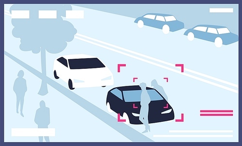 Video from CCTV cameras installed on city street with parked cars. Modern surveillance technology used for monitoring, security, road traffic and parking control. Flat cartoon vector illustration